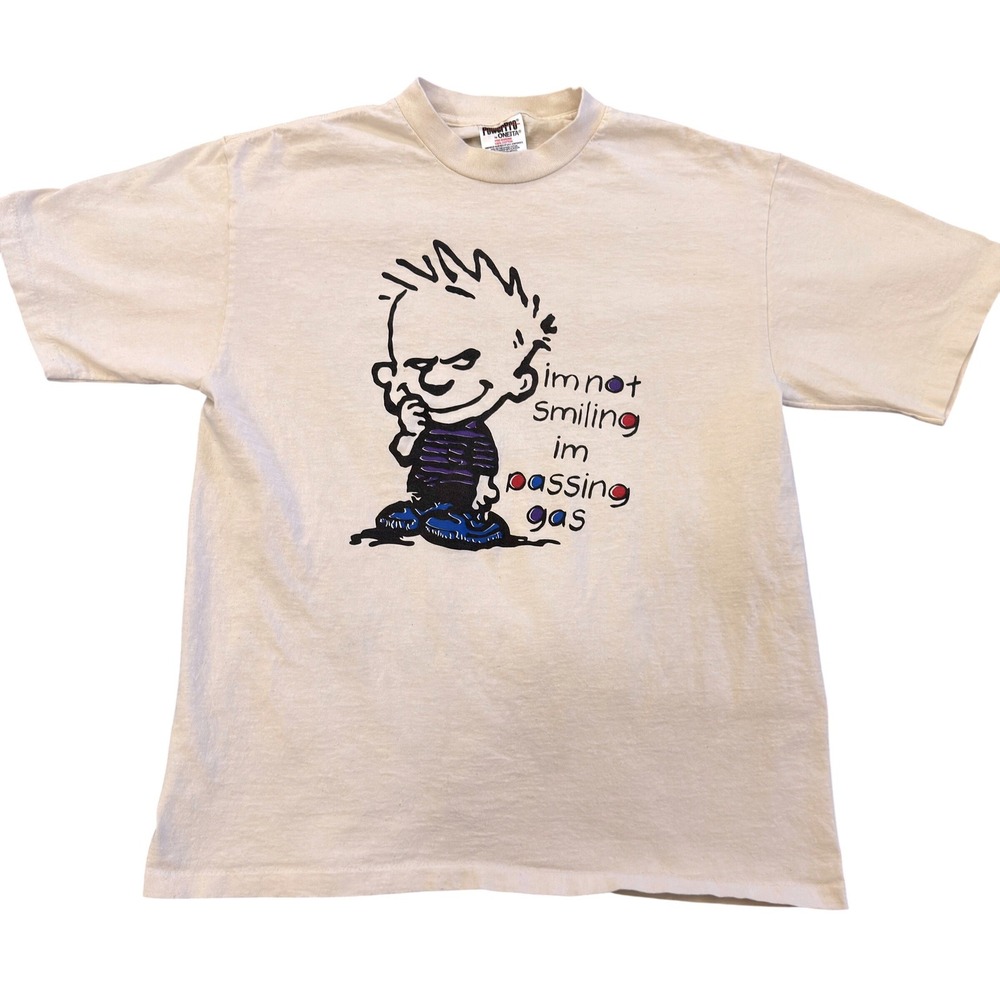 Vintage Calvin Hobbes Passing Gas Graphic T-Shirt White Large 90s Novelty Y2K